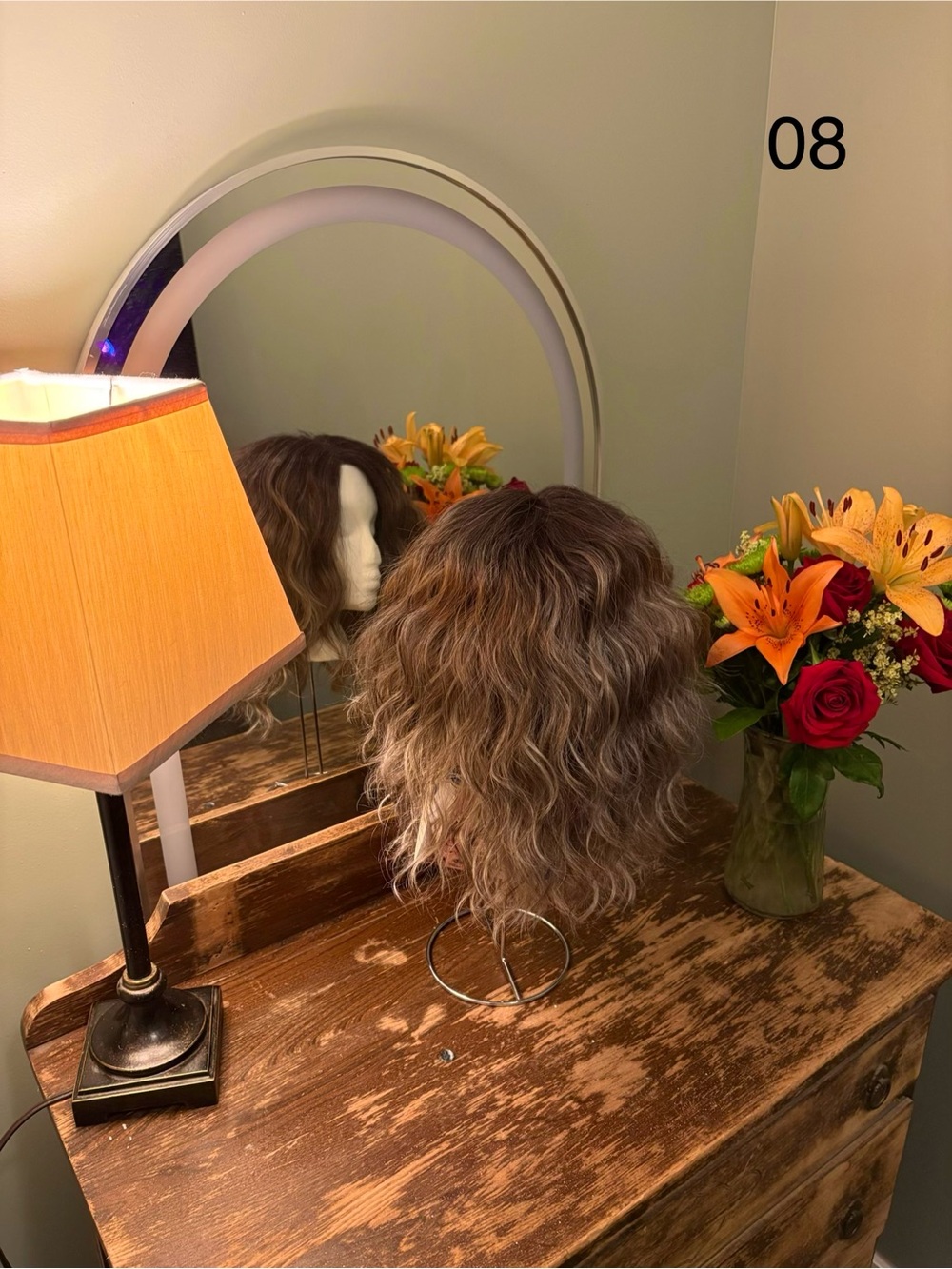 Wavy Brown Synthetic Wig on Stand - Home Accents